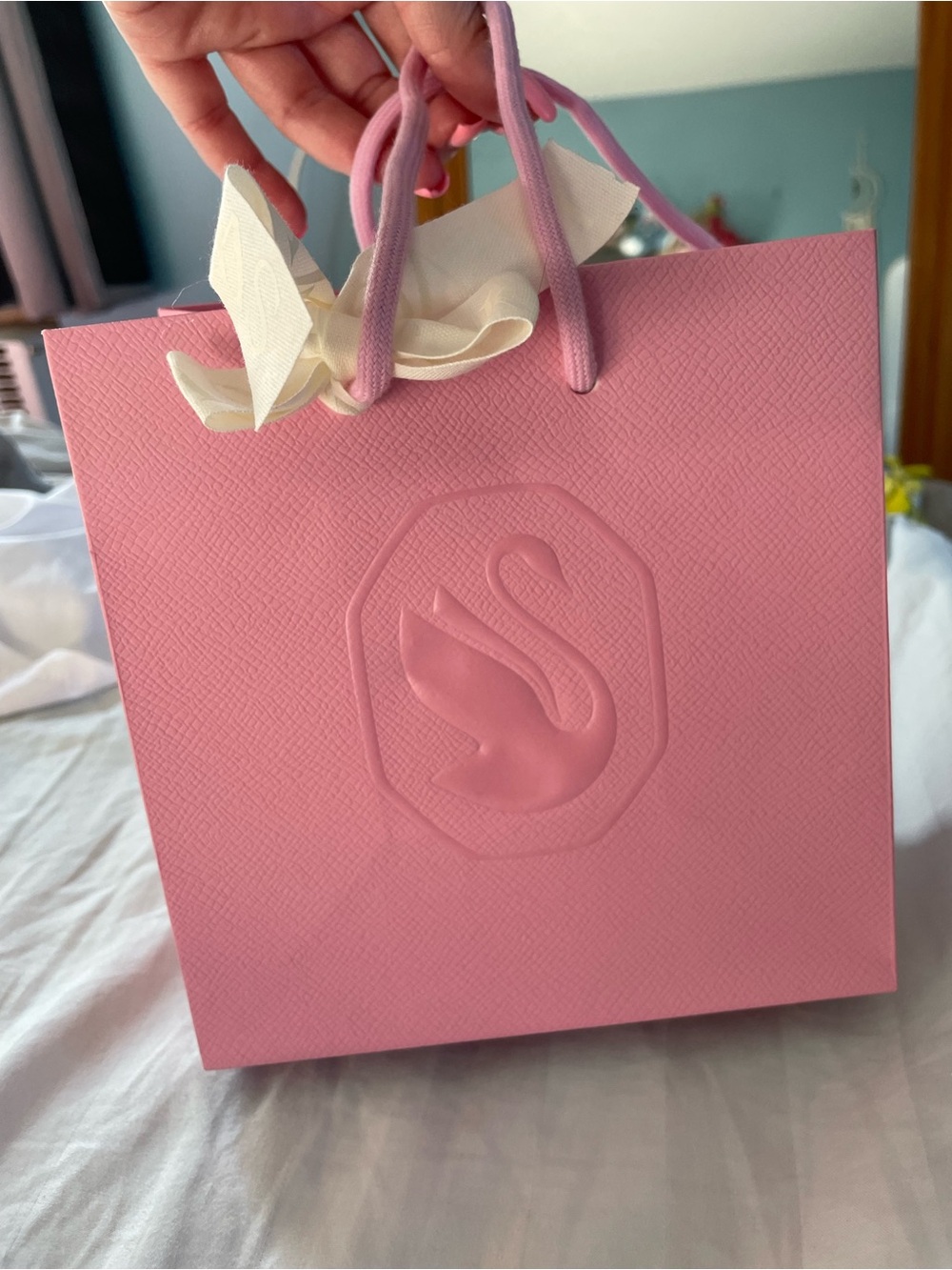 Authentic Swarovski pink gift bag with white Ribbon